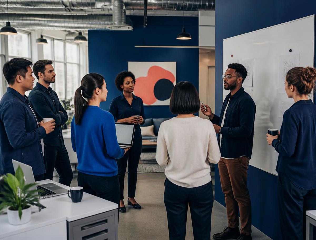 A morning team huddle at the whiteboard inside the Pinnacle 614 office
