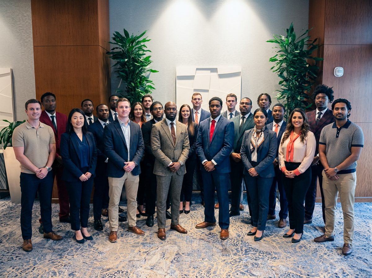 The Pinnacle 614 team — a diverse group of professionals in business casual to business professional attire — standing together in a Columbus office lobby