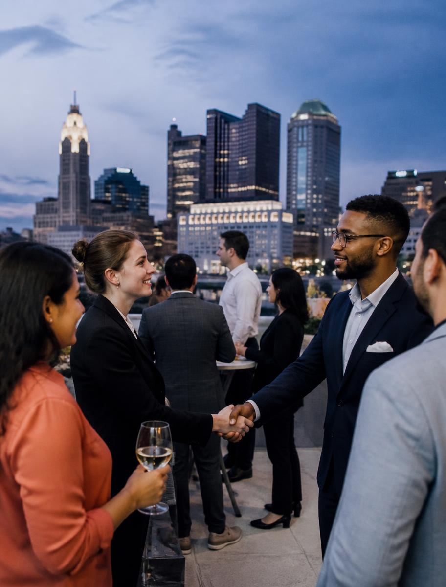 Professionals shaking hands at an evening networking session on a downtown Columbus rooftop