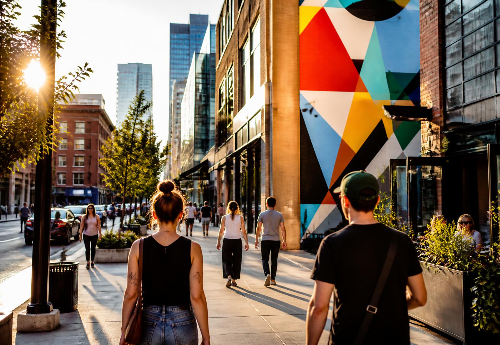 A bright city avenue in Columbus with pedestrians walking past a bold geometric painted wall