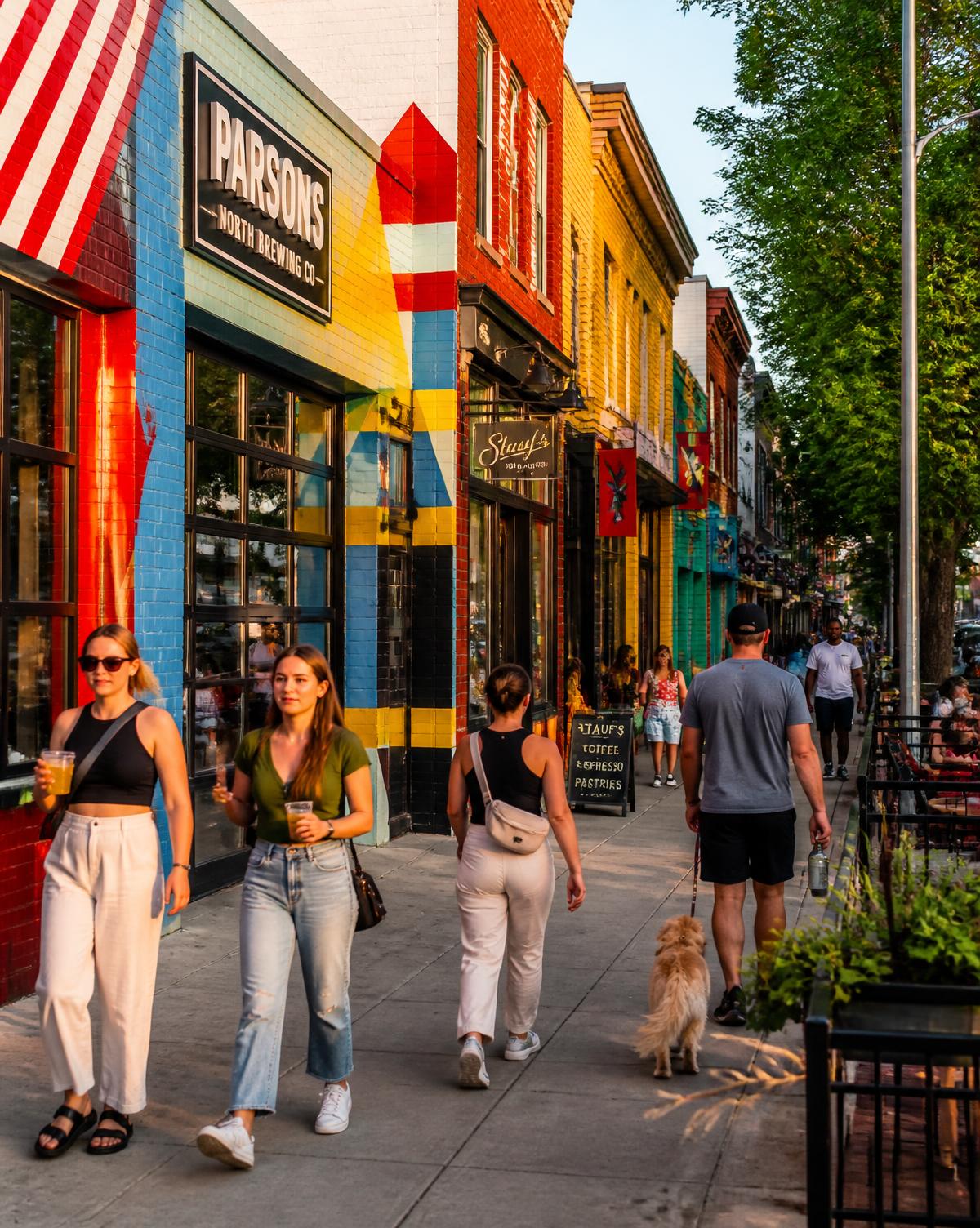 Colorful storefronts and painted murals along High Street in Columbus, Ohio