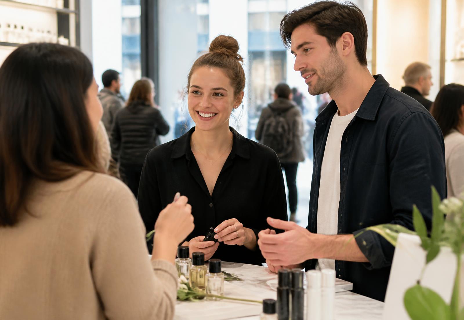 Brand representatives talking with a customer at an activation table inside a busy retail store